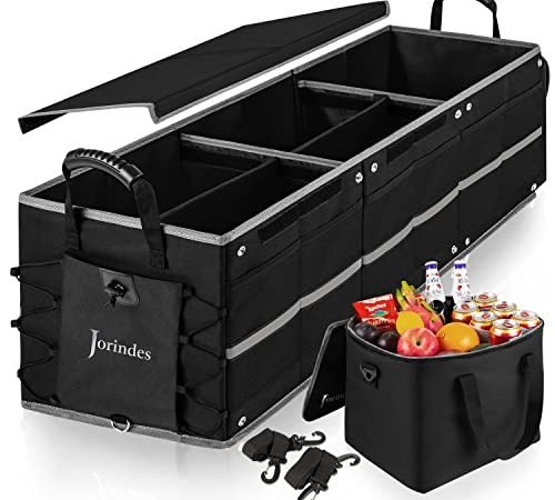 Collapsible Trunk Organizer for Car with Insulated Leak proof Cooler Bag - 3 Compartments SUV Cargo Organizer Removable Dividers - 5 in1 Car Storage Organizer with Foldable Lid -2 Tie-Down Straps Black