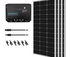 Renogy 400 Watt 12 Volt Monocrystalline Solar Panel Bundle Kit with 4 pcs 100W Panel and 30A Wanderer PWM Charge Controller for RV - Boats - Trailer - Camper - Marine - Off-Grid Solar Power System